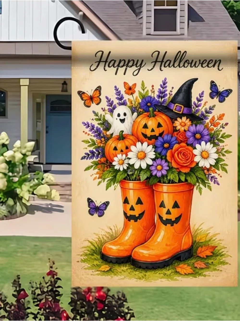 Happy Halloween Orange Jack-o'-Lantern Boot Garden Flag Flowers Ghost Witch Hat
